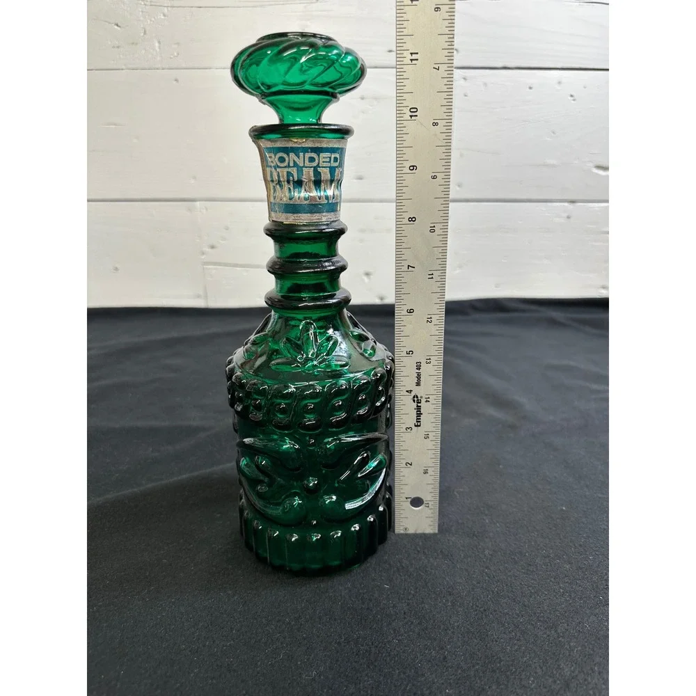 Vintage Jim Beam Emerald Green Glass Decanter Bonded Beam 8 Year Whiskey Bottle